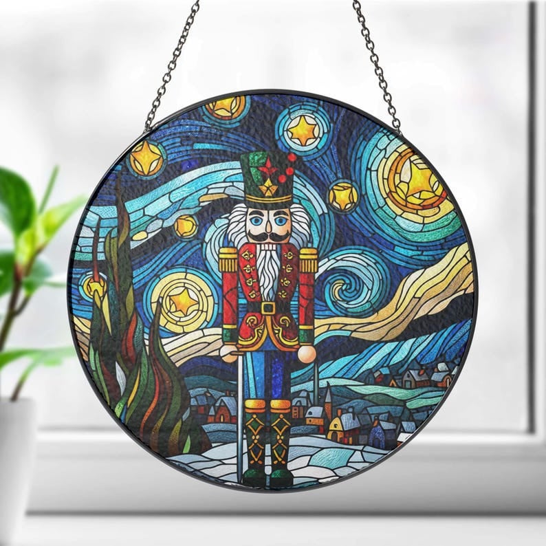 Nutcracker Christmas Scene Glass Window Hanging, Nutcracker Suncatcher Hanging, Christmas Ornament, Christmas Landscape, Housewarming Gift
