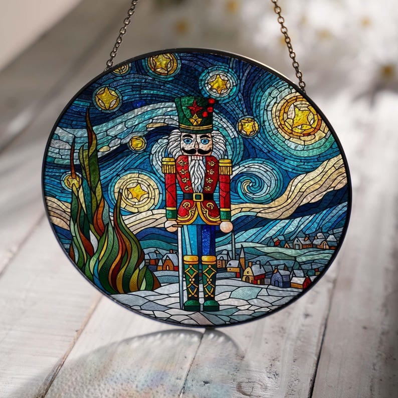 Nutcracker Christmas Scene Glass Window Hanging, Nutcracker Suncatcher Hanging, Christmas Ornament, Christmas Landscape, Housewarming Gift