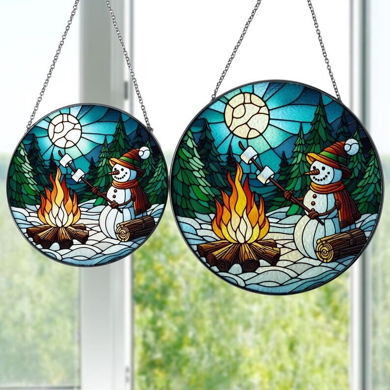 Snowman Roasting Marshmallow Glass Hanging, Camping Decor, Christmas Glass Suncatcher, Camper Gift, Nature Landscape, Christmas Gift