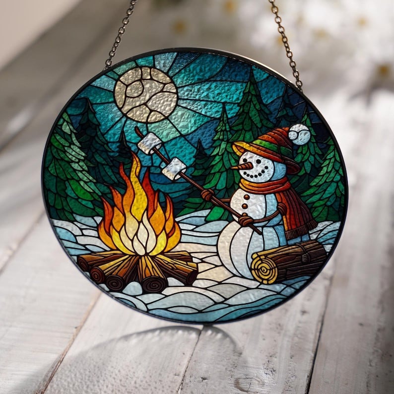 Snowman Roasting Marshmallow Glass Hanging, Camping Decor, Christmas Glass Suncatcher, Camper Gift, Nature Landscape, Christmas Gift