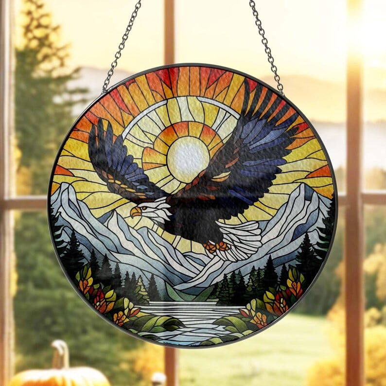 Bald Eagle Flying Glass Suncatcher Hanging, Mountain Range Glass, Eagle Lover Gift, Nature Landscape, Wildlife Landscape, Mountain Range