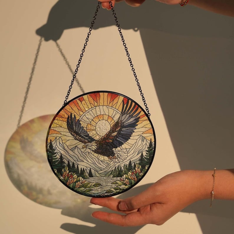 Bald Eagle Flying Glass Suncatcher Hanging, Mountain Range Glass, Eagle Lover Gift, Nature Landscape, Wildlife Landscape, Mountain Range