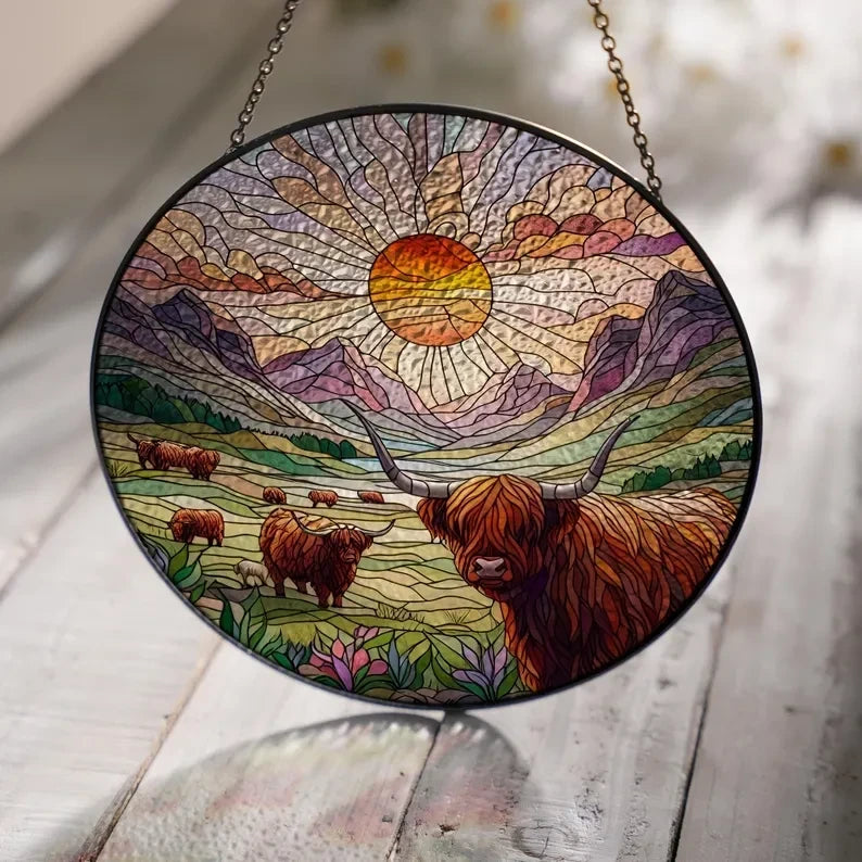 Highland Cow Landscape Glass Hanging, Farmhouse Decor, Castle Cow Hanging, Suncatcher Hanging, Farm Sign, Farm Sign, Suncatcher Gift