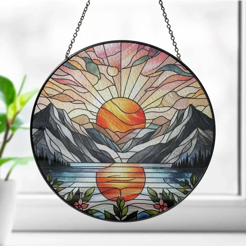 Mountain Range Glass Hanging, Sunset Suncatcher Hanging, Suncatcher Gift, Mountain Suncatcher, Sunset Glass, Landscape Suncatcher