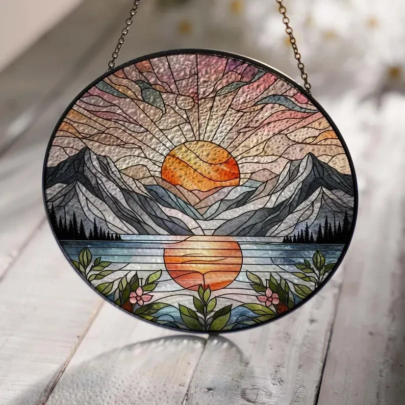 Mountain Range Glass Hanging, Sunset Suncatcher Hanging, Suncatcher Gift, Mountain Suncatcher, Sunset Glass, Landscape Suncatcher