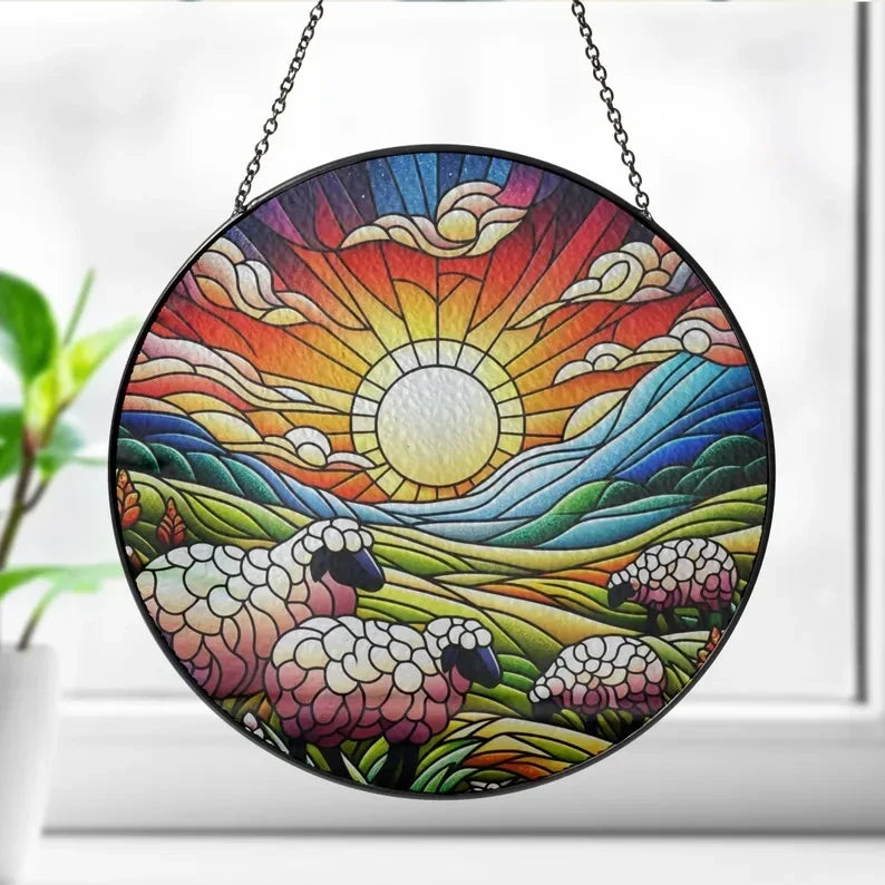 Sheeps Landscape Glass Hanging, Farmhouse Decor, Sheeps Hanging, Sunset Suncatcher Hanging, Farm Sign, Farm Sign, Suncatcher Gift