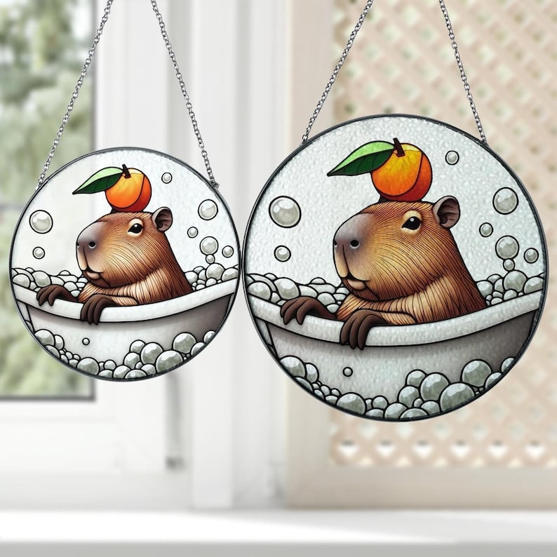Capybara In Bath Tub Glass Suncatcher Hanging, Funny Capabara And Tangerine, Capybara Glass Ornament, Bathroom Decor, Capybara Suncatcher