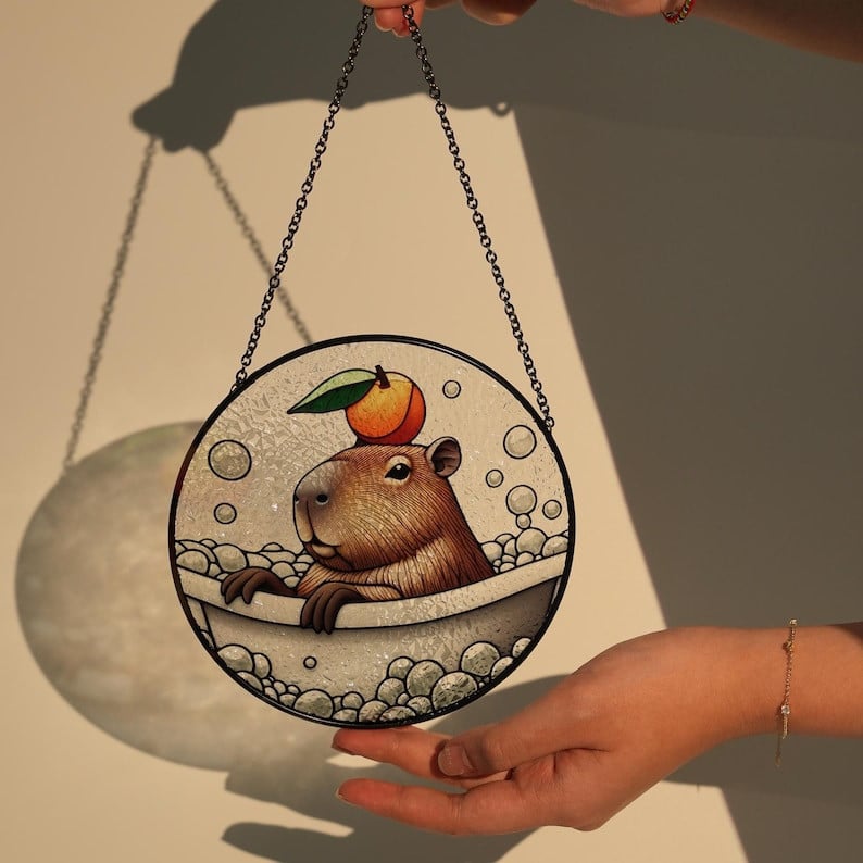 Capybara In Bath Tub Glass Suncatcher Hanging, Funny Capabara And Tangerine, Capybara Glass Ornament, Bathroom Decor, Capybara Suncatcher