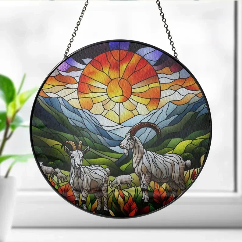 Goats Landscape Glass Hanging, Farmhouse Decor, Goats Hanging, Sunset Suncatcher Hanging, Farm Sign, Farm Sign, Suncatcher Gift