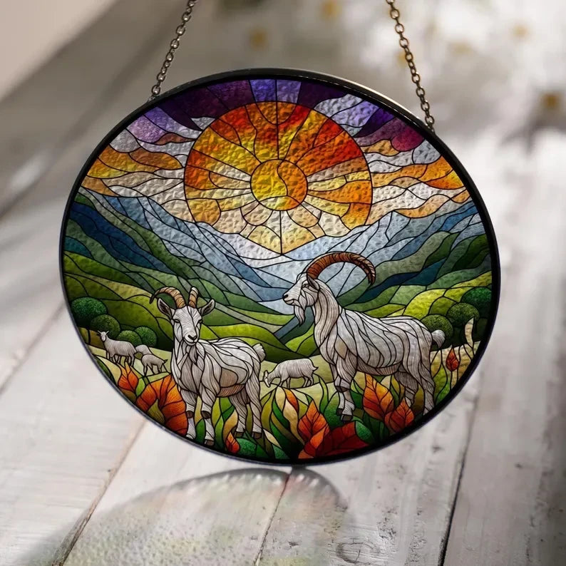 Goats Landscape Glass Hanging, Farmhouse Decor, Goats Hanging, Sunset Suncatcher Hanging, Farm Sign, Farm Sign, Suncatcher Gift