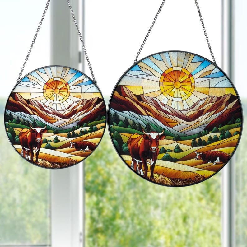 Brown Cow Landscape Glass Hanging, Farmhouse Decor, Cow Hanging, Suncatcher Hanging, Farm Sign, Farm Sign, Suncatcher Gift, Sunset Landscape