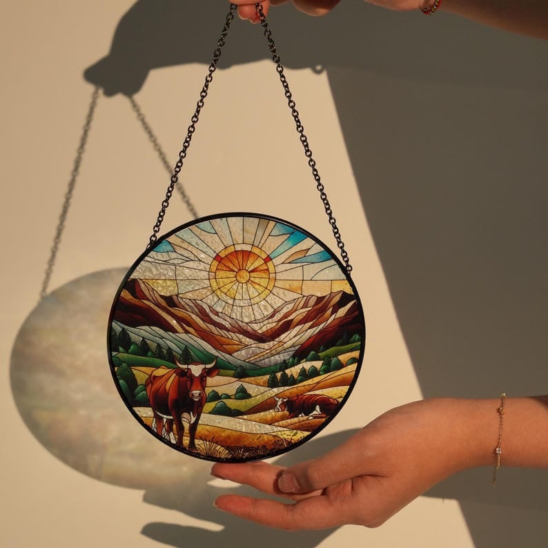 Brown Cow Landscape Glass Hanging, Farmhouse Decor, Cow Hanging, Suncatcher Hanging, Farm Sign, Farm Sign, Suncatcher Gift, Sunset Landscape