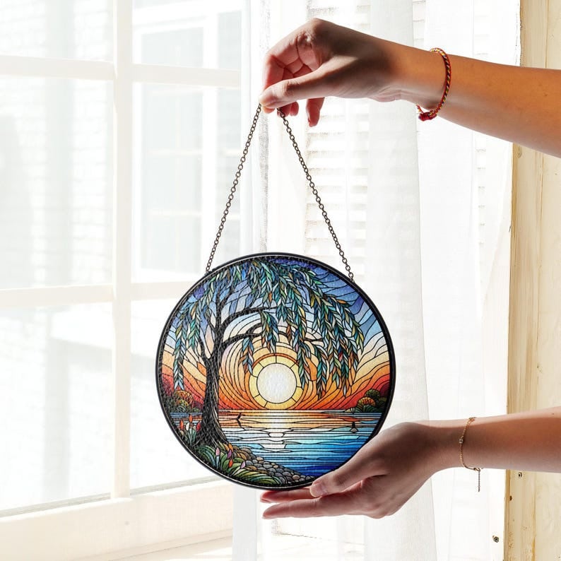 Weeping Willow Sunset Glass Hanging, Sunset Suncatcher Hanging, Weeping Willow Hanging, Sunset Glass, Landscape Suncatcher