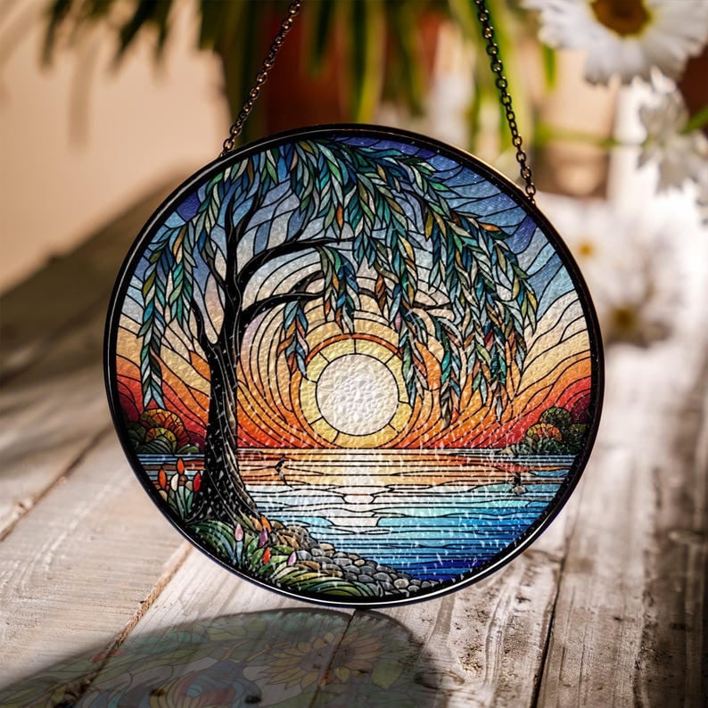 Weeping Willow Sunset Glass Hanging, Sunset Suncatcher Hanging, Weeping Willow Hanging, Sunset Glass, Landscape Suncatcher