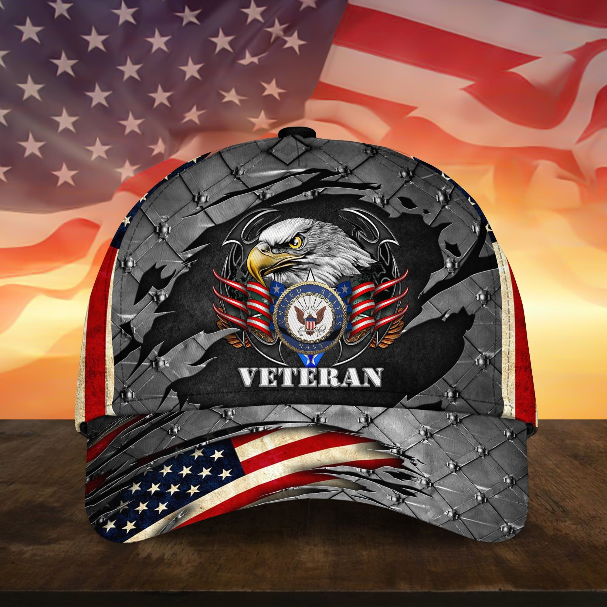 U.S Navy Veteran Cap 3D Printed Eagle USA Flag Iron Camo Cap