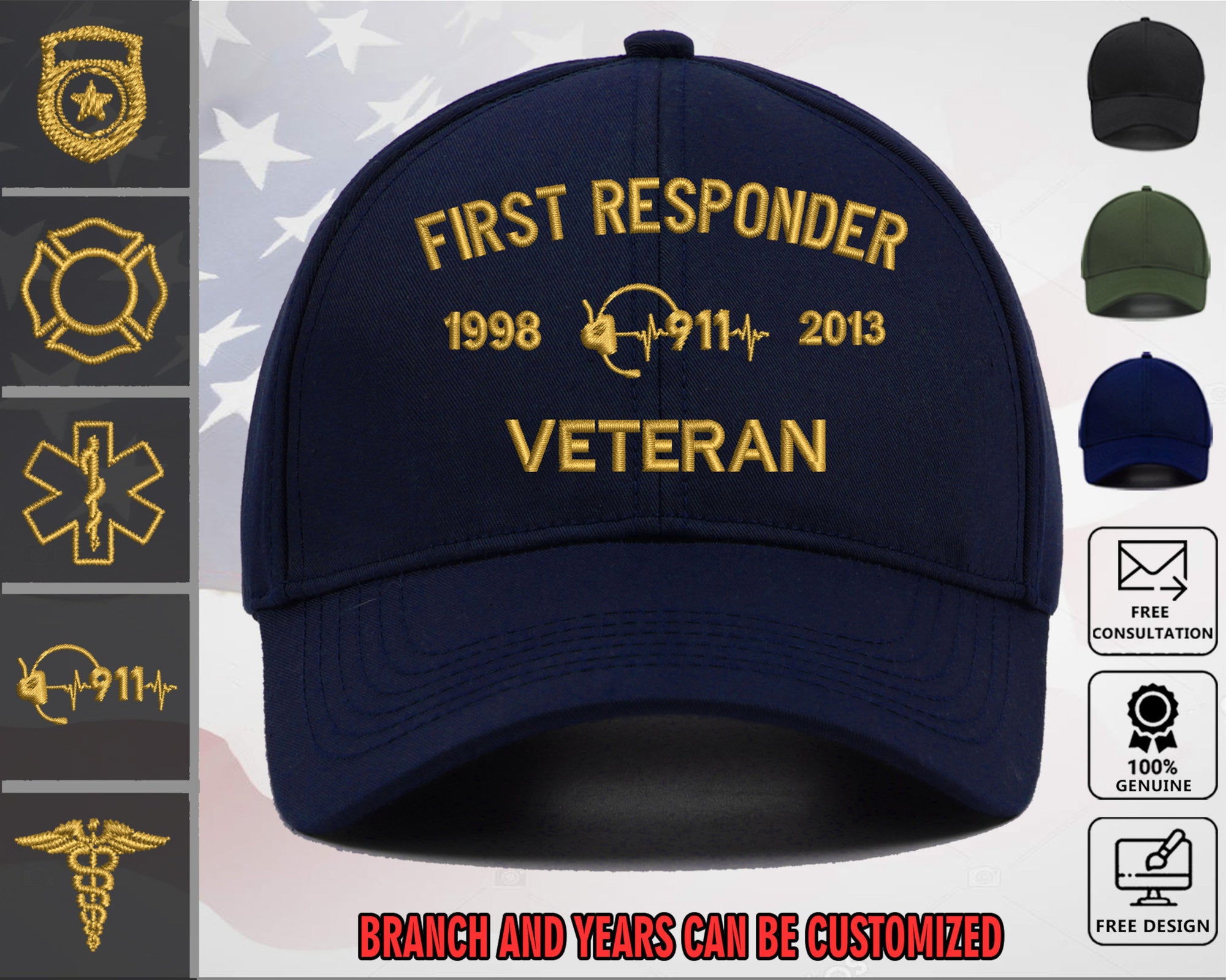 First Responder Veteran Custom Embroidered Hat - US Military Honor Cap