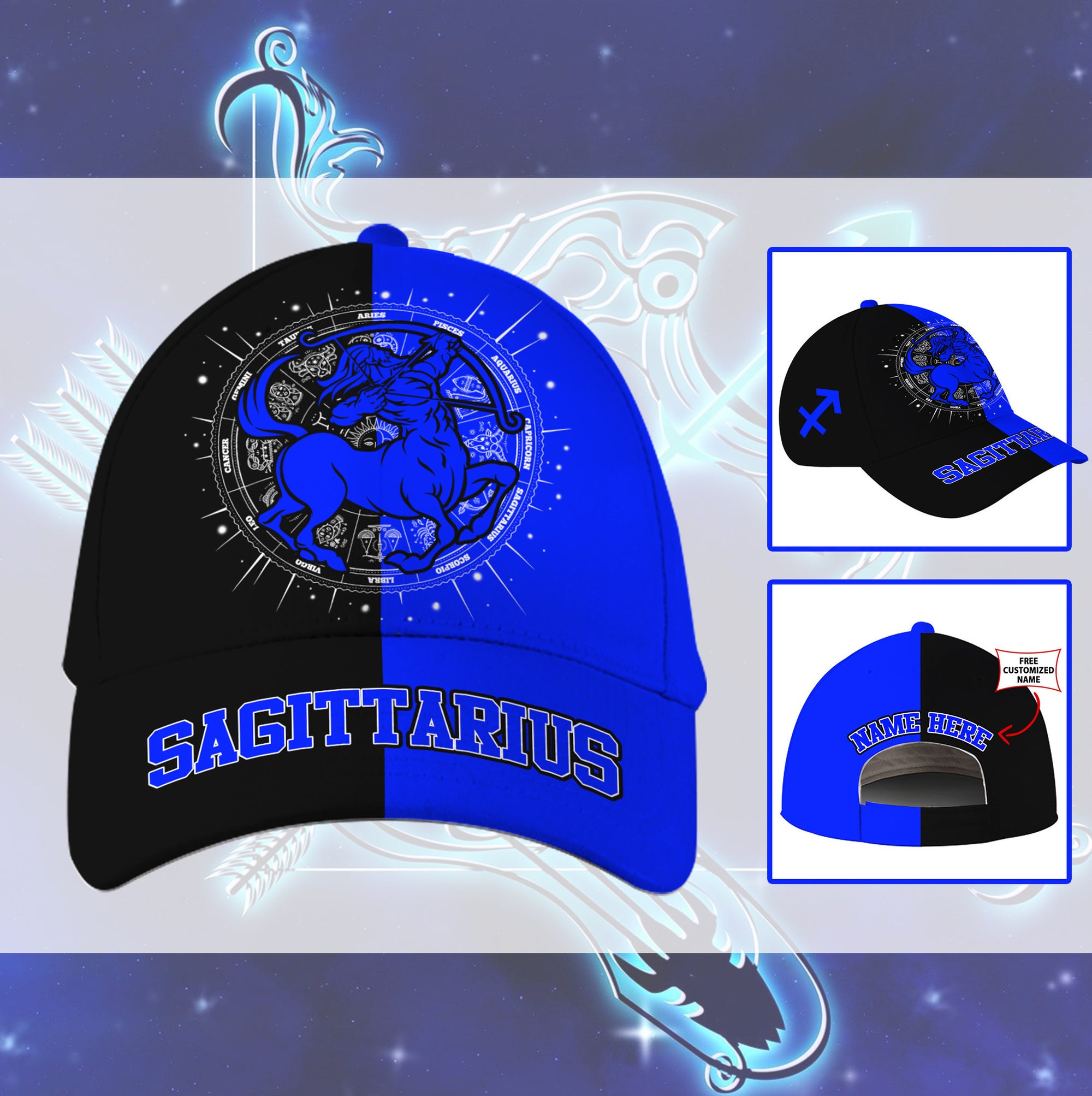 Personalized Custom Name Sagittarius Blue Zodiac Hat Classic Cap
