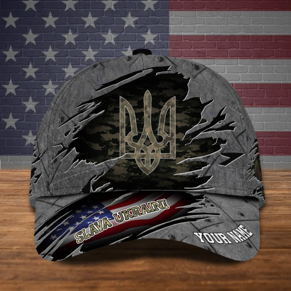 Personalized Slava Ukraini American Flag Camo Military Merchandise Hat Classic Cap
