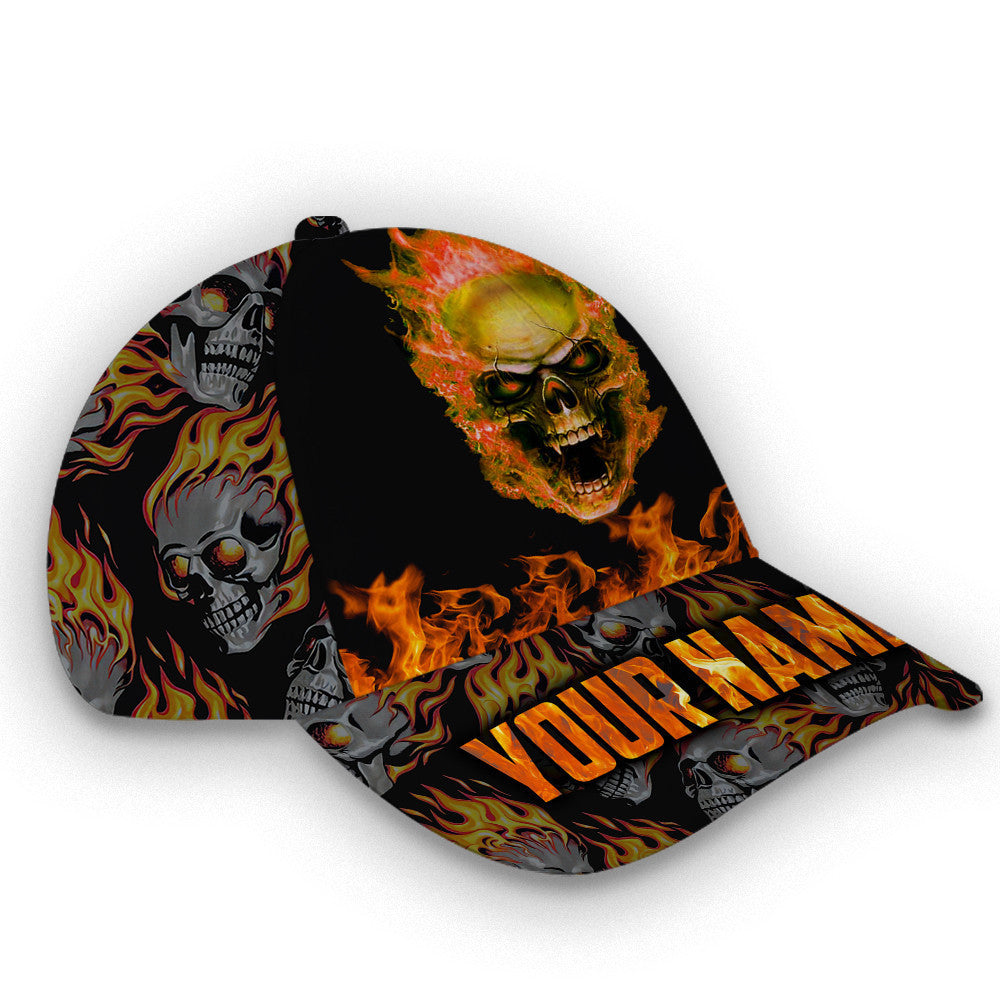 Personalized Custom Name Yellow Fire Skull Hat Classic Cap