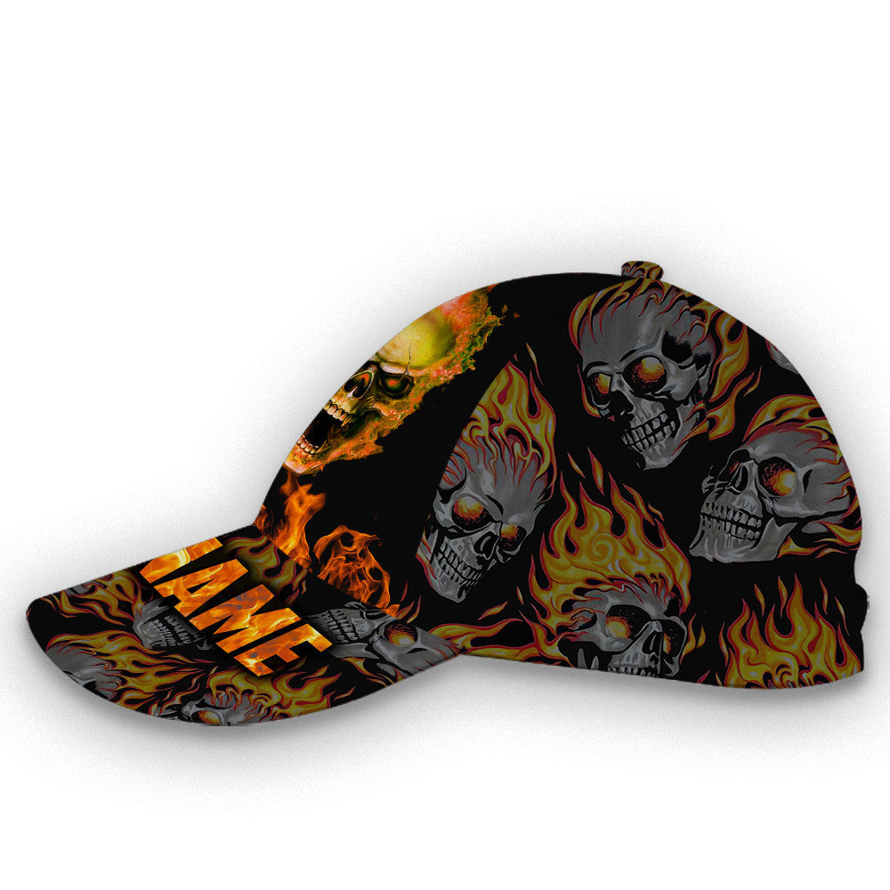 Personalized Custom Name Yellow Fire Skull Hat Classic Cap