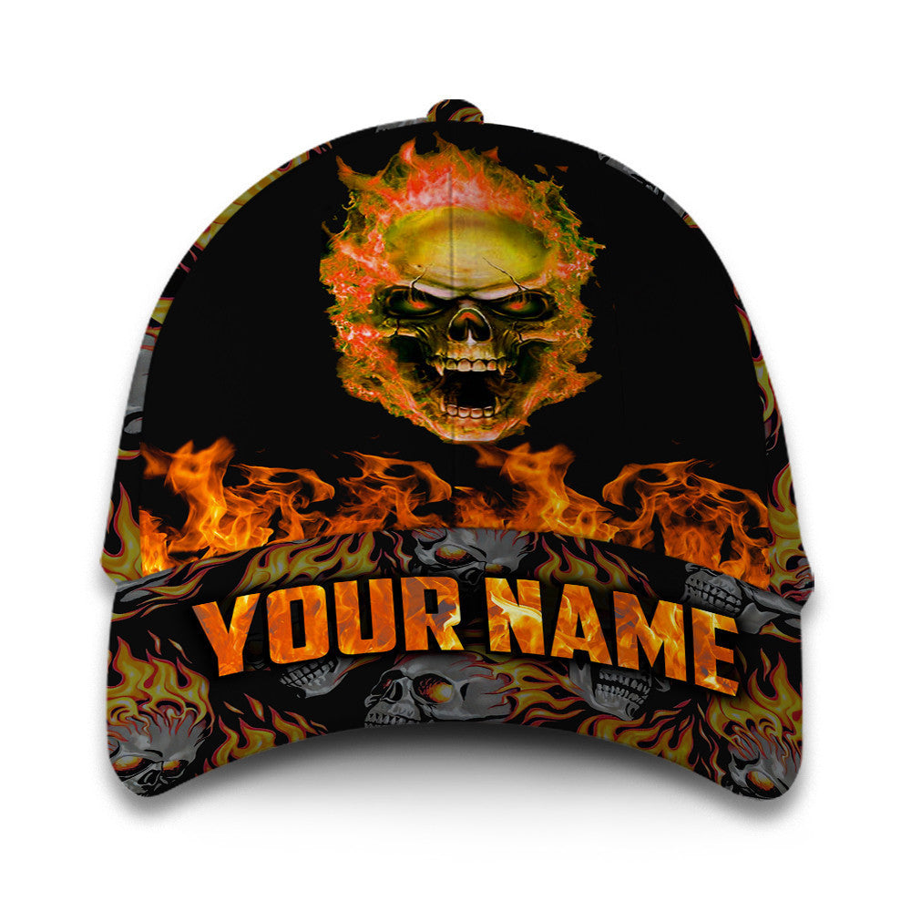 Personalized Custom Name Yellow Fire Skull Hat Classic Cap