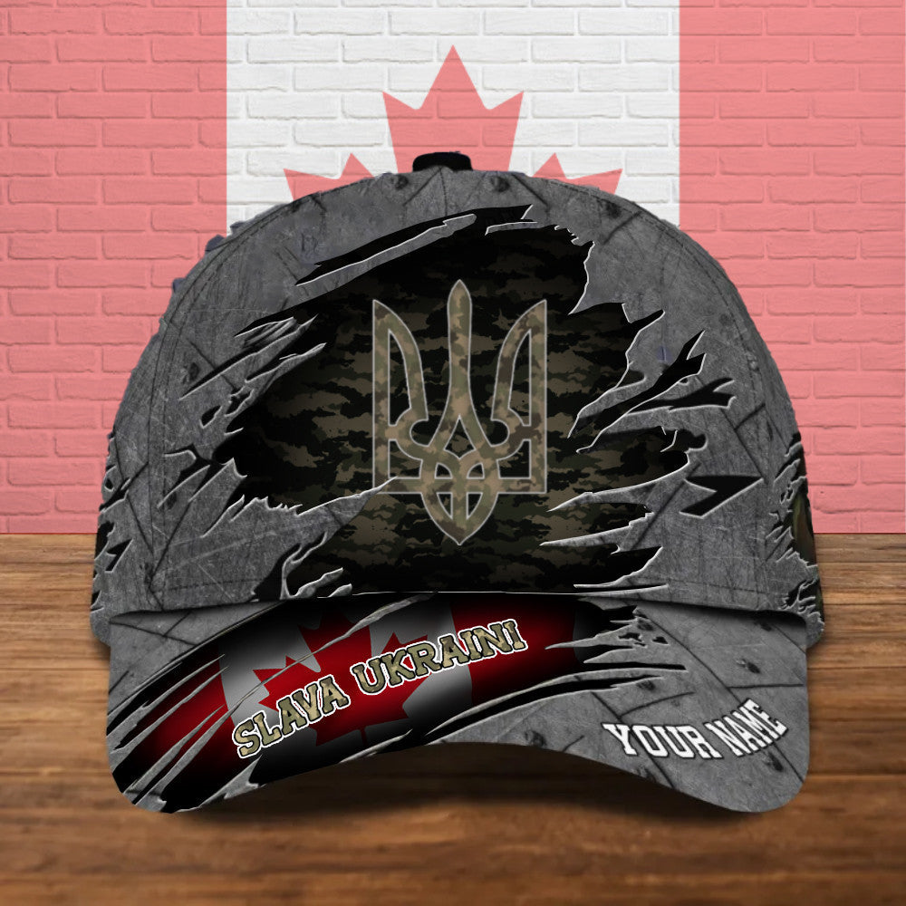 Personalized Custom Name Slava Ukraini Canadian Flag Camo Hat Support Ukraine Military Merch Hat Classic Cap