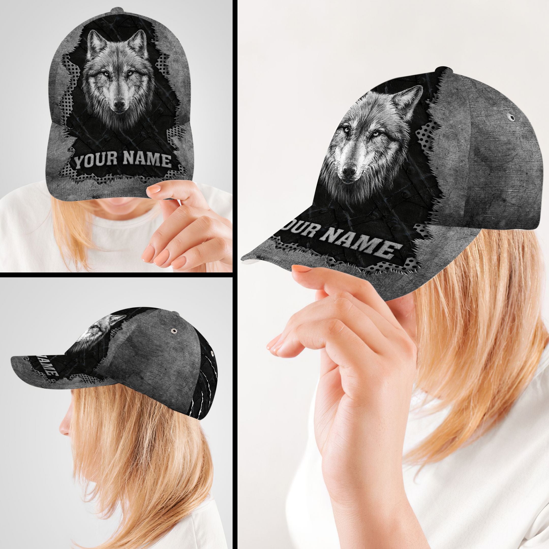 Personalized Custom Name Gray Wolf Cap