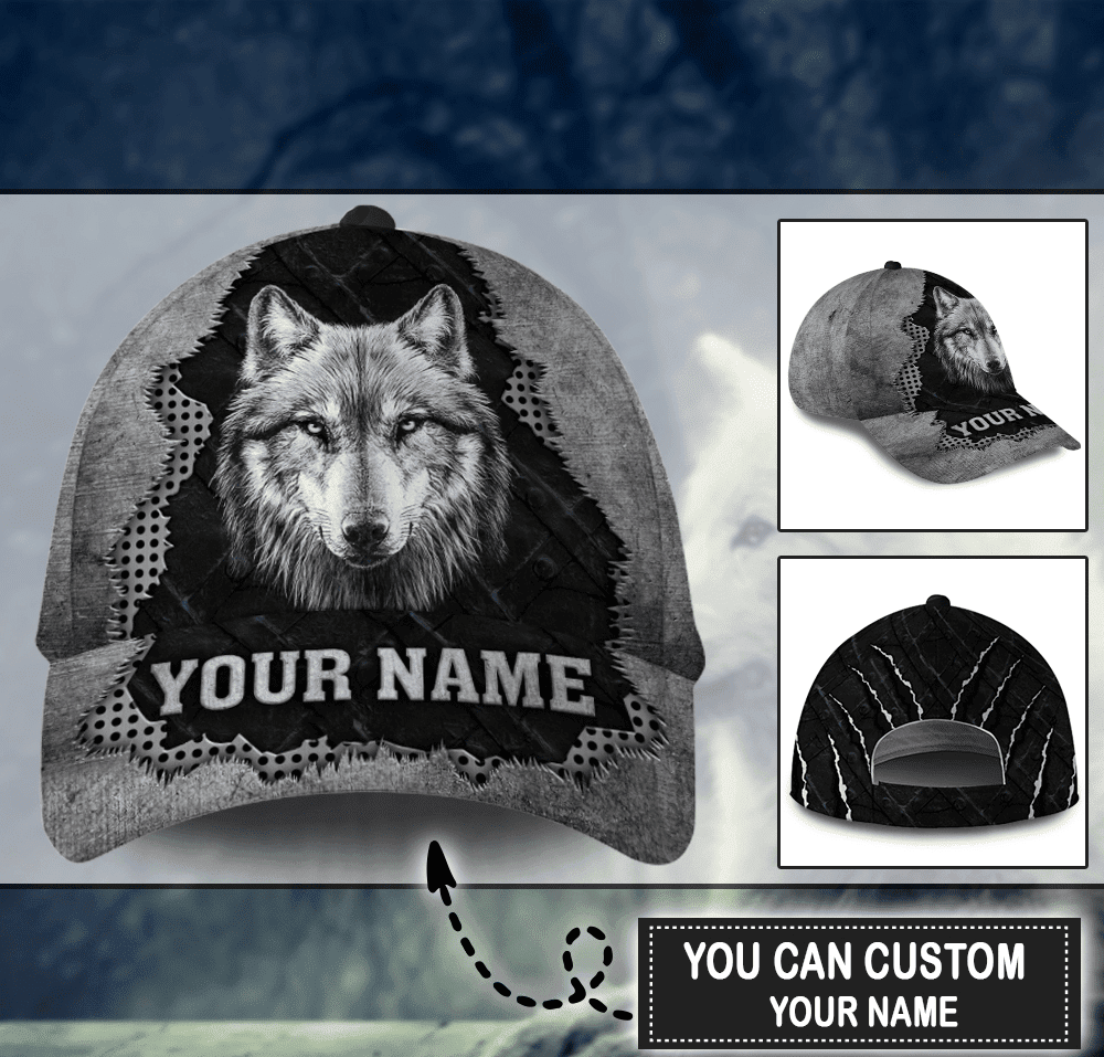 Personalized Custom Name Gray Wolf Cap