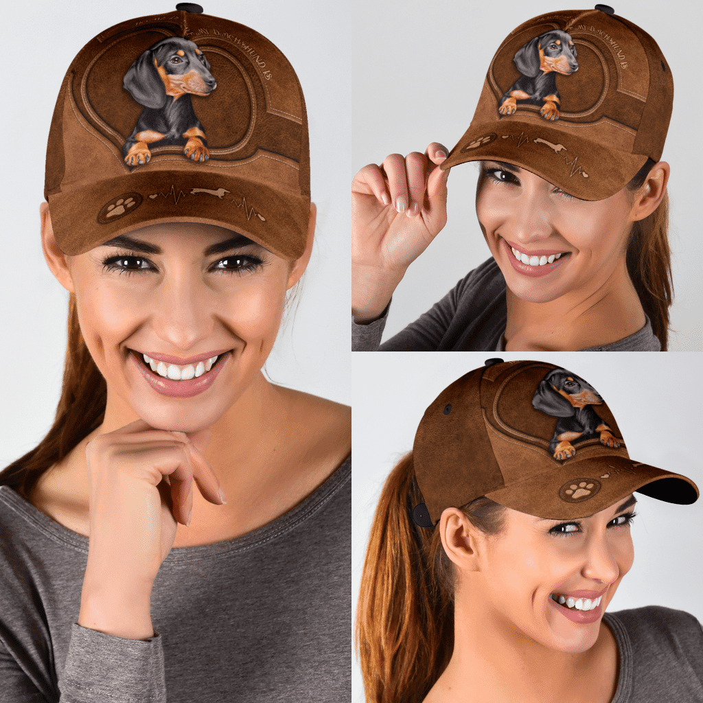 Dachshund Dog Heart Beat Leather Hat Classic Cap