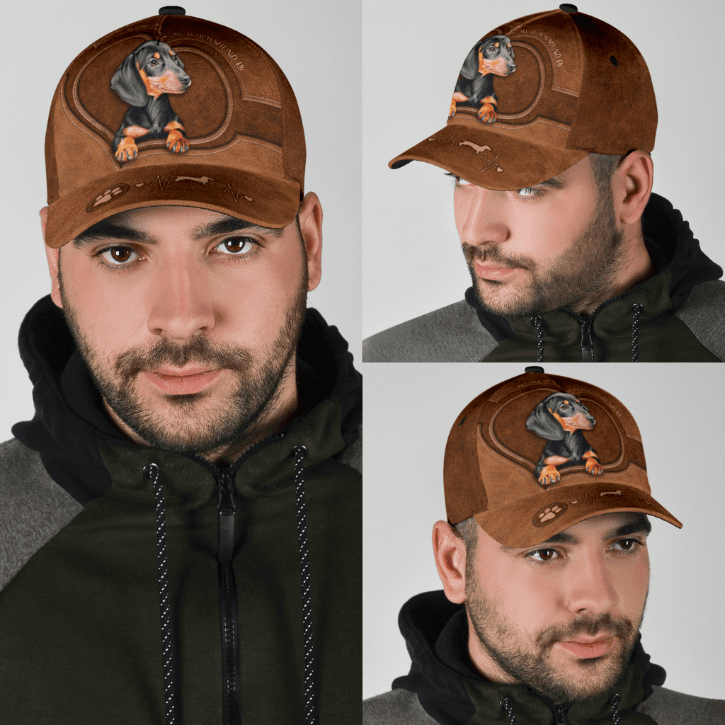 Dachshund Dog Heart Beat Leather Hat Classic Cap