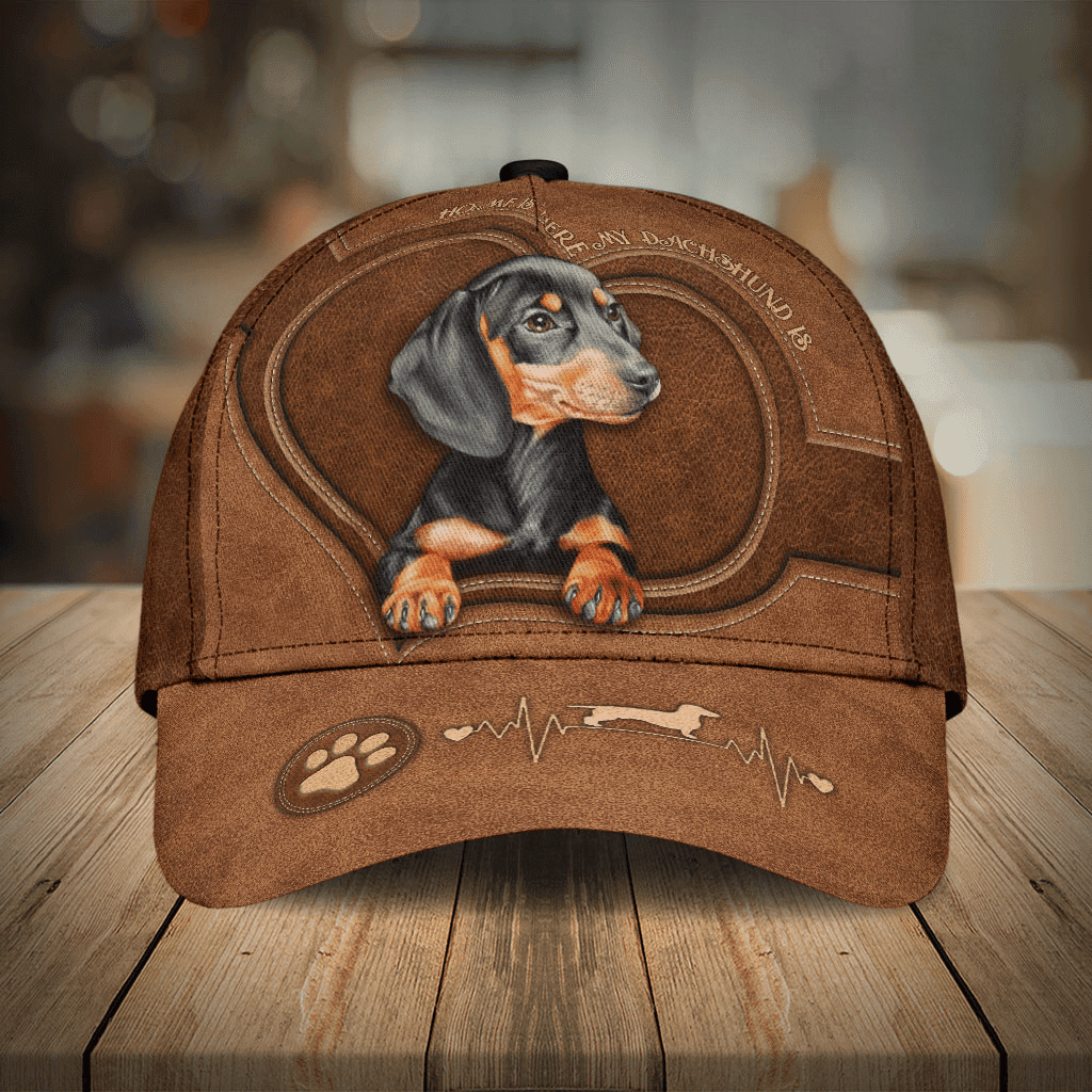 Dachshund Dog Heart Beat Leather Hat Classic Cap