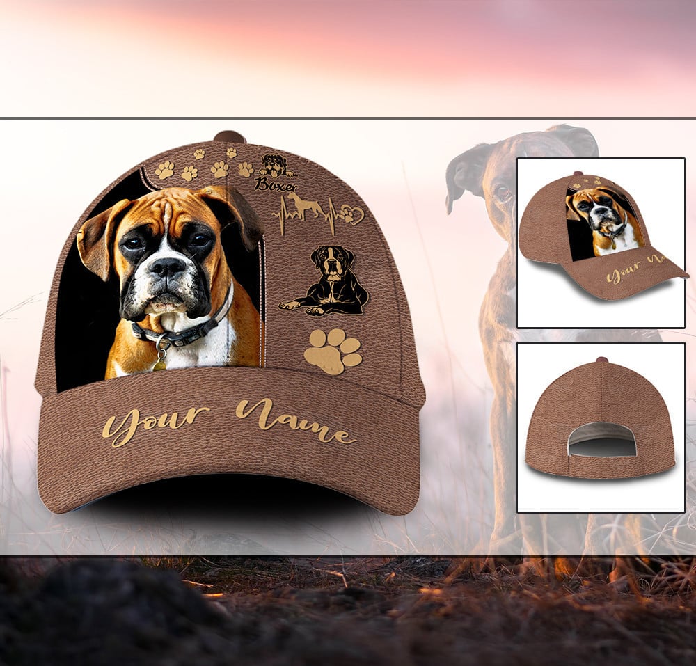 Personalized Custom Name Boxer Dog Leather Hat Classic Cap