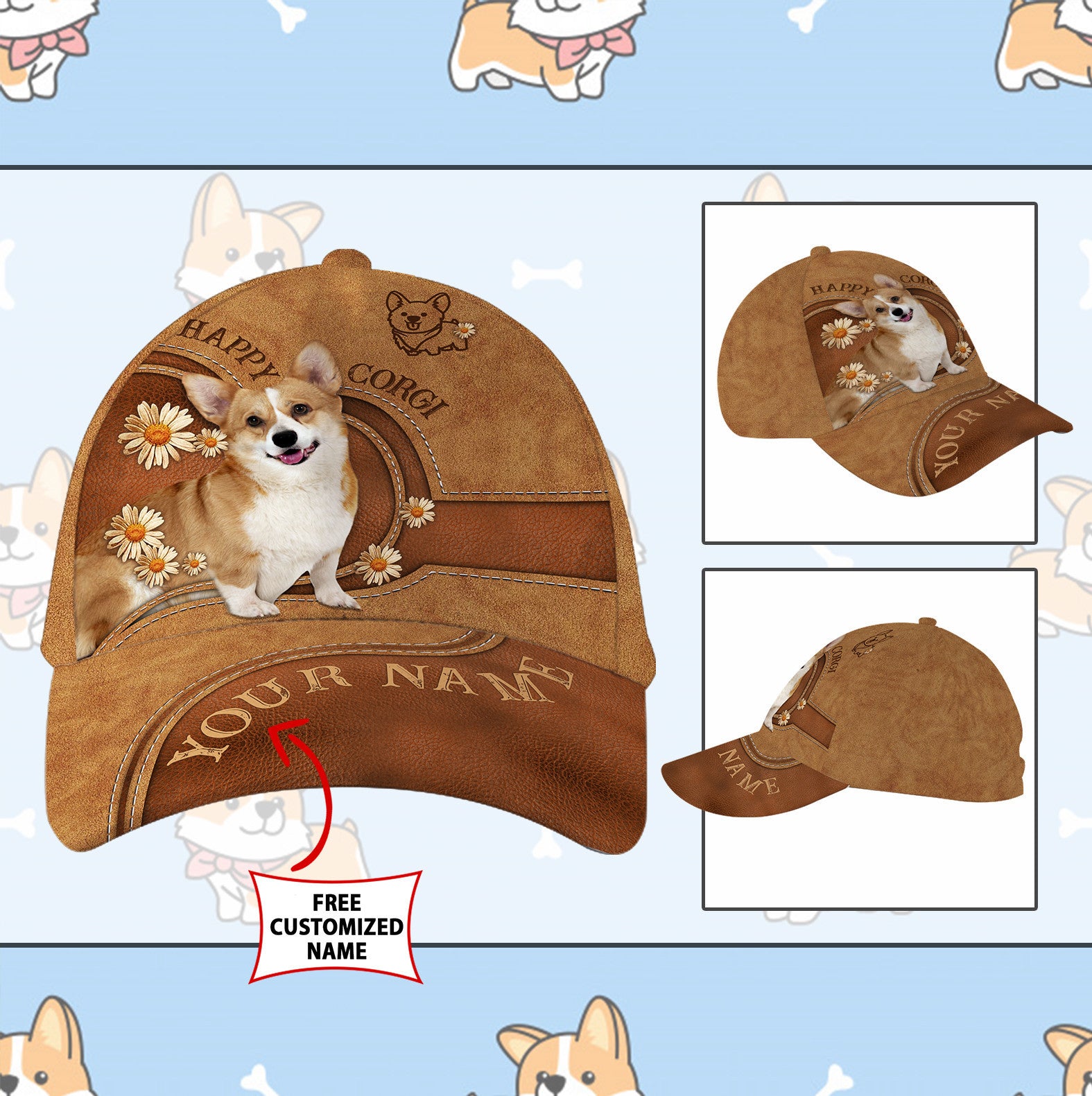 Personalized Custom Name Corgi Dog Leather Hat Classic Cap