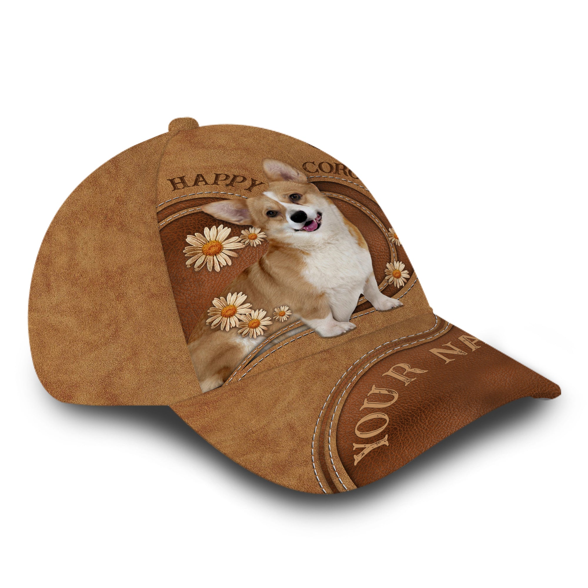 Personalized Custom Name Corgi Dog Leather Hat Classic Cap