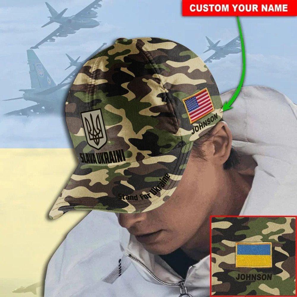 Personalized Custom Name Usa Stands With Ukraine Slava Ukraini Camo Hat Camouflage Flag Merch Hat Classic Cap