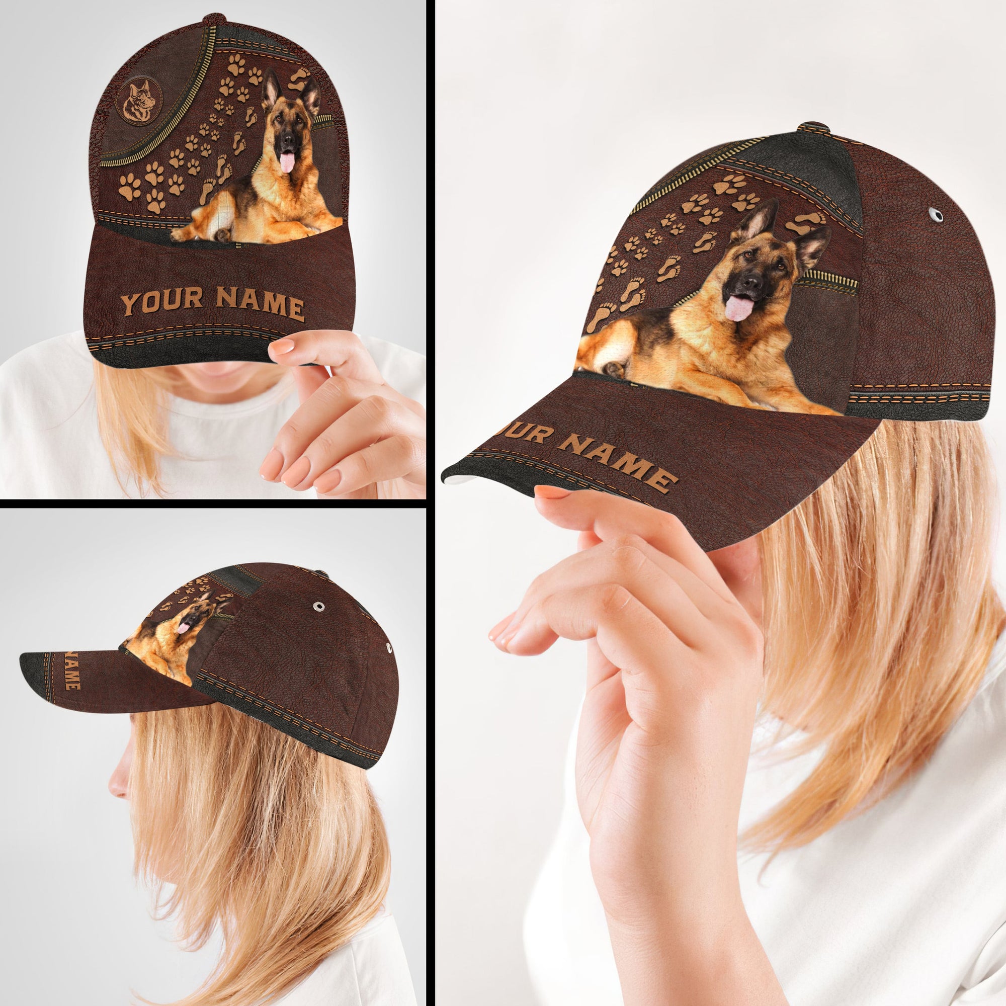 Personalized Custom Name Footprint German Shepherd Dog Leather Hat Classic Cap