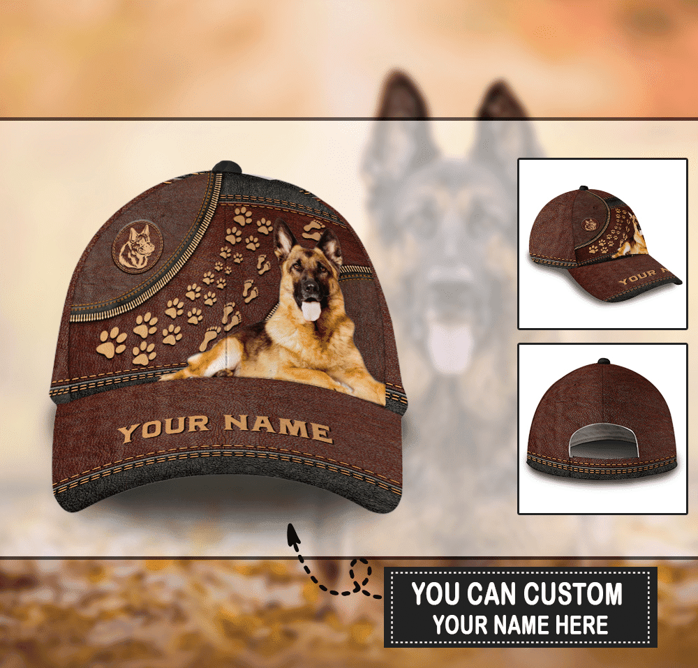 Personalized Custom Name Footprint German Shepherd Dog Leather Hat Classic Cap