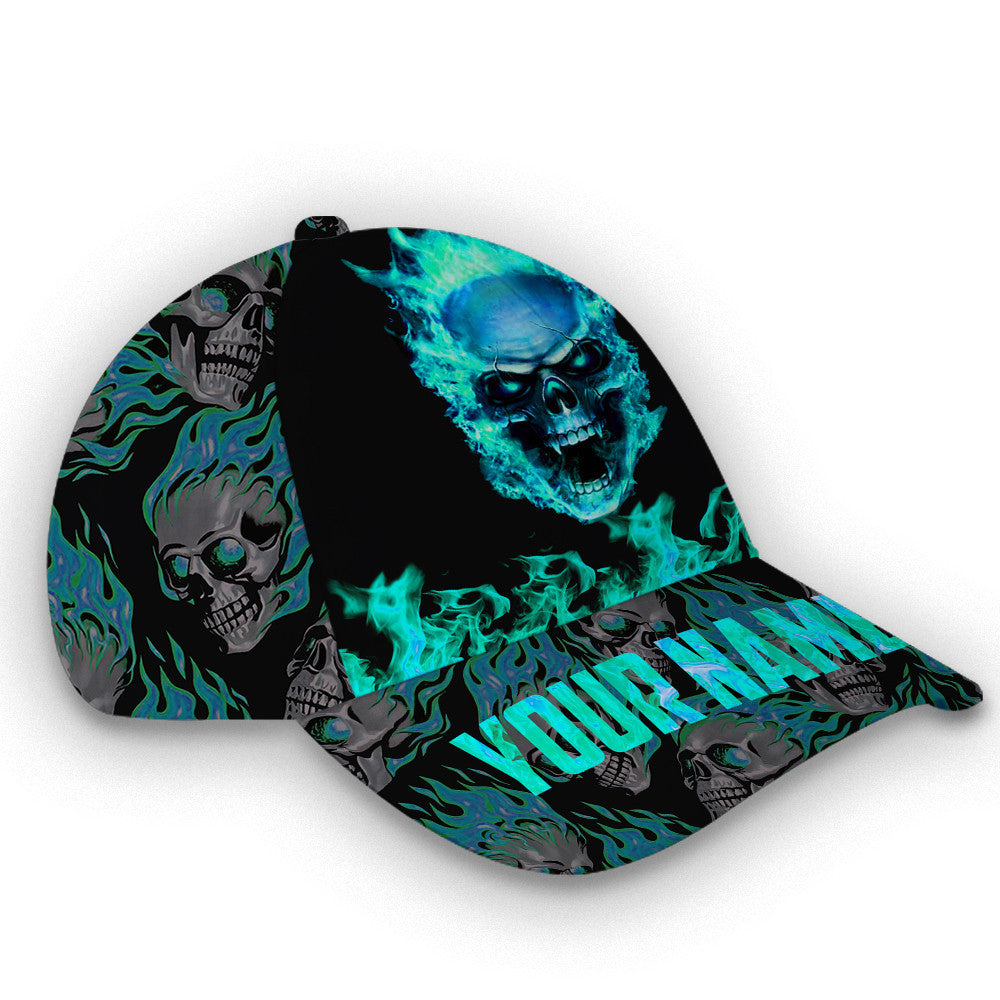 Personalized Custom Name Mint Fire Skull Hat Classic Cap