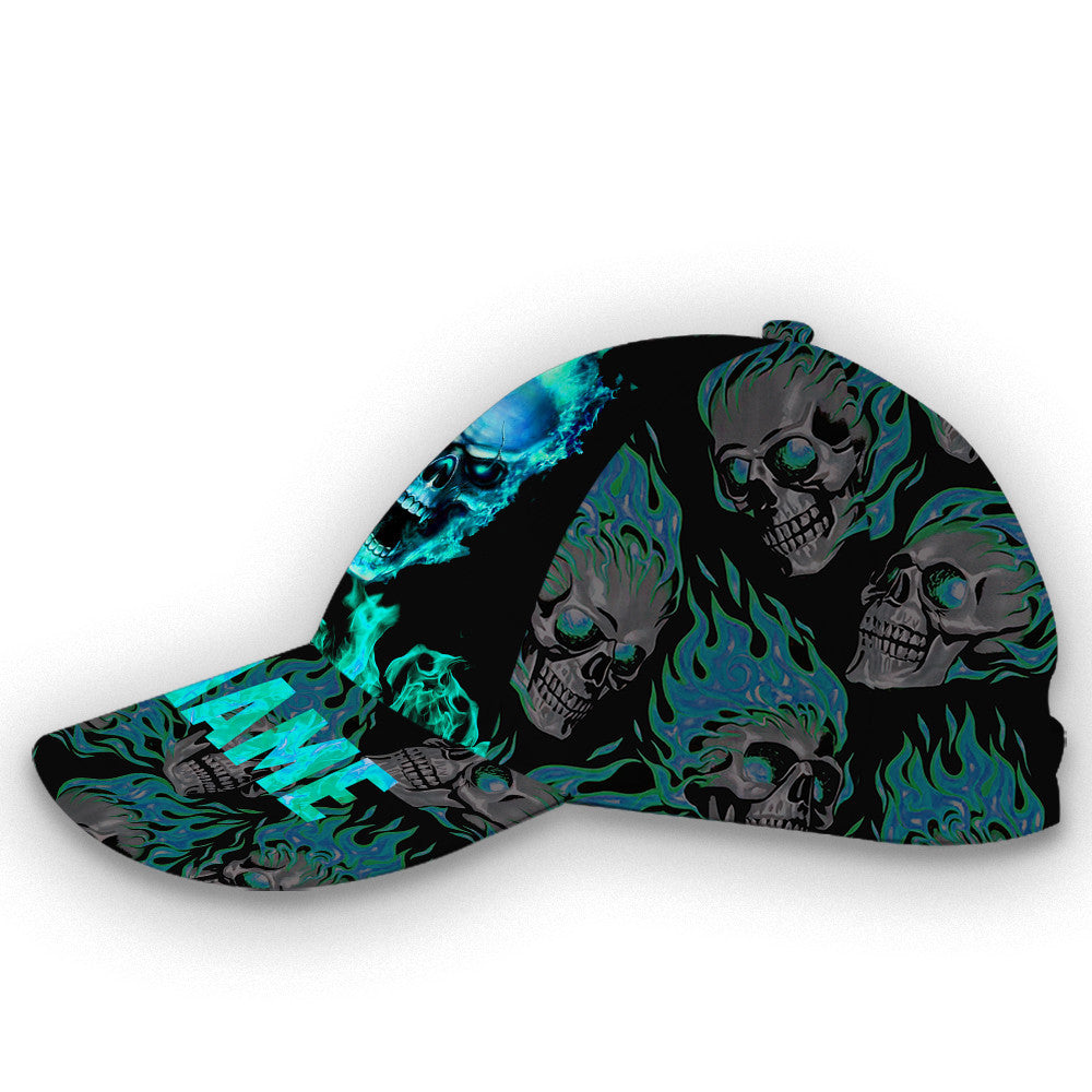 Personalized Custom Name Mint Fire Skull Hat Classic Cap