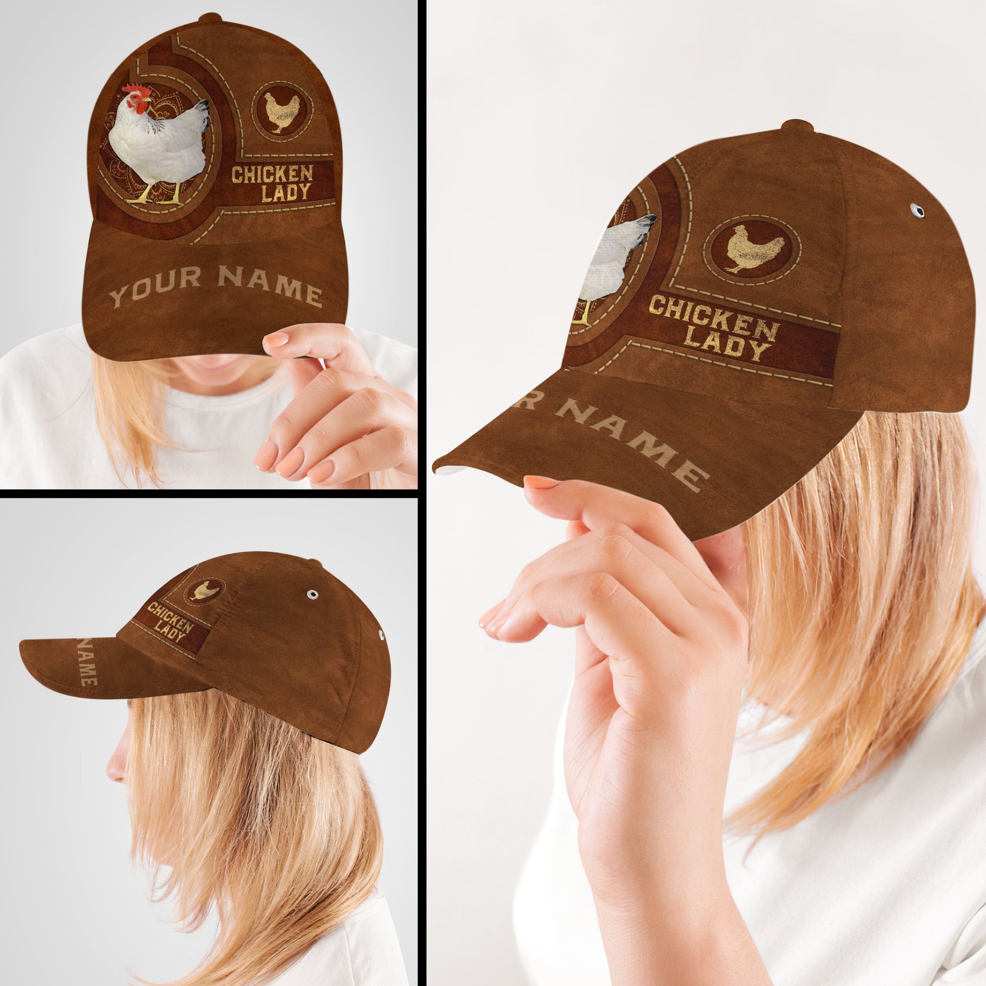 Personalized Custom Name Chicken Lady Leather Hat Classic Cap