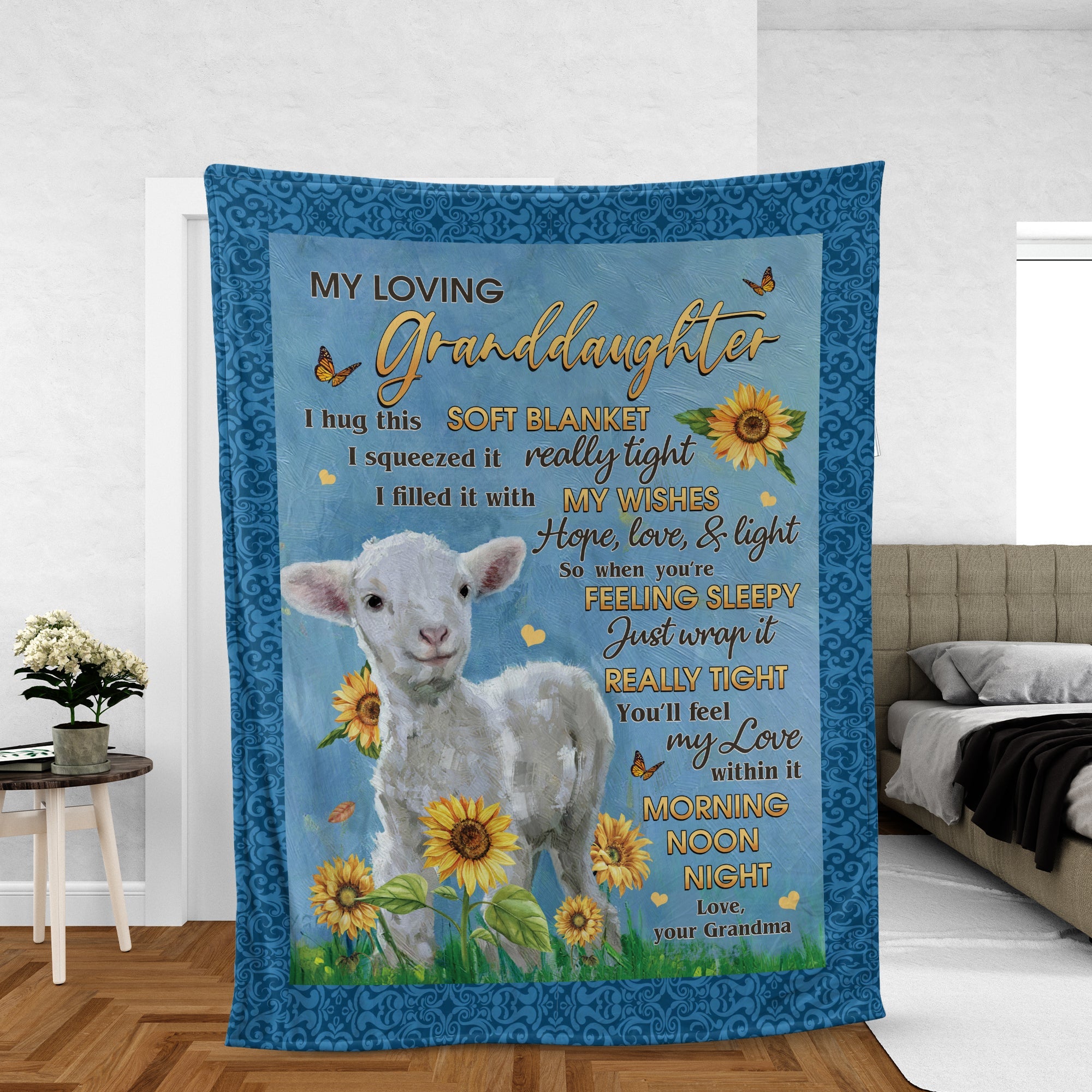 Granddaughter Blanket, Family Blanket, Perfect Gift For Granddaughter From Grandma, Grandpa - Lamb And Sunflower Field, Hope Love And Light