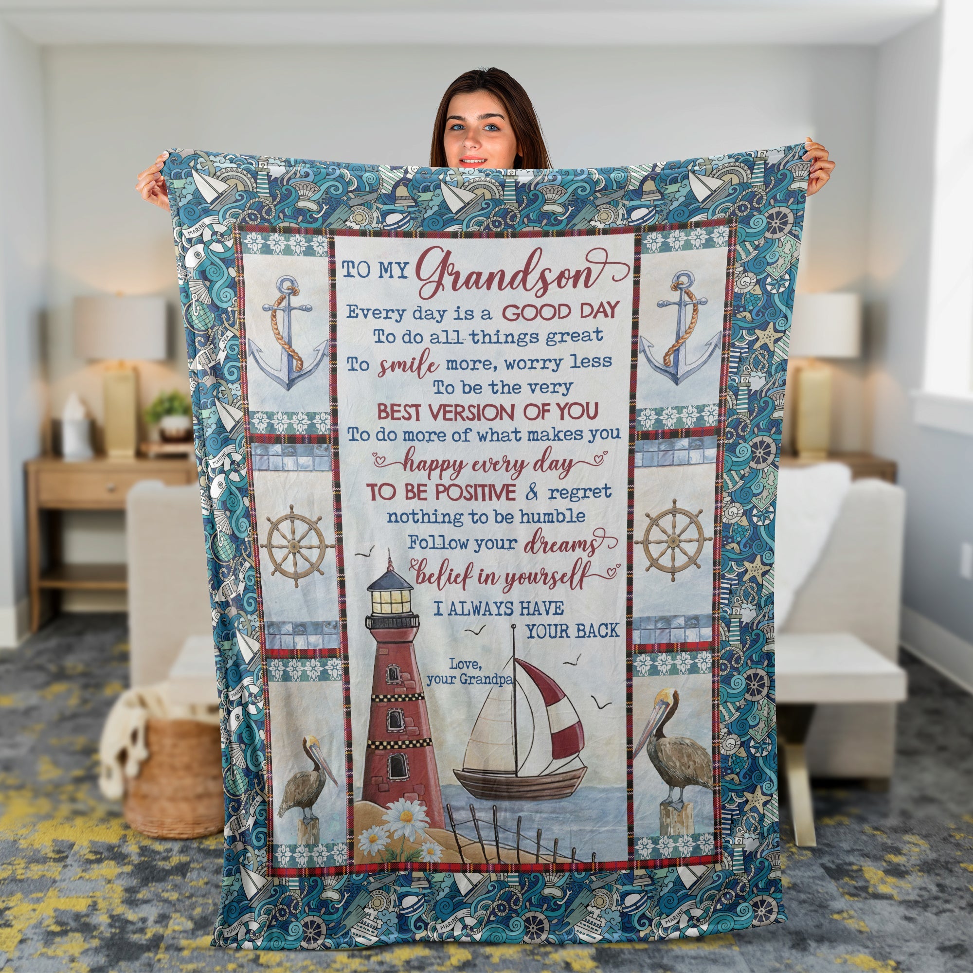 Grandson Blanket, Family Blanket, Perfect Gift For Grandson From Grandma, Grandpa - Red Lighthouse, Boat And Blue Ocean, I Always Have Your Back