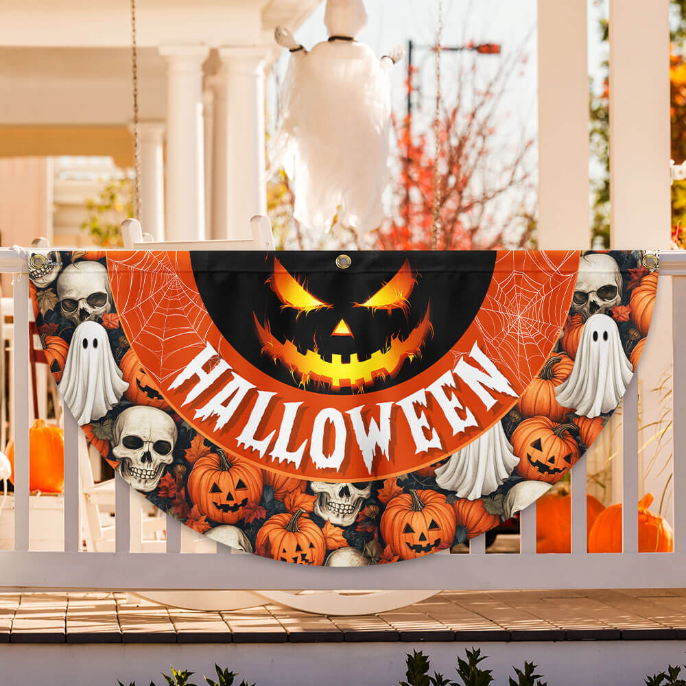 Halloween Pumpkins Ghost Spider Web Halloween Spooky Ghost Non Pleated Fan Flag - Liberish