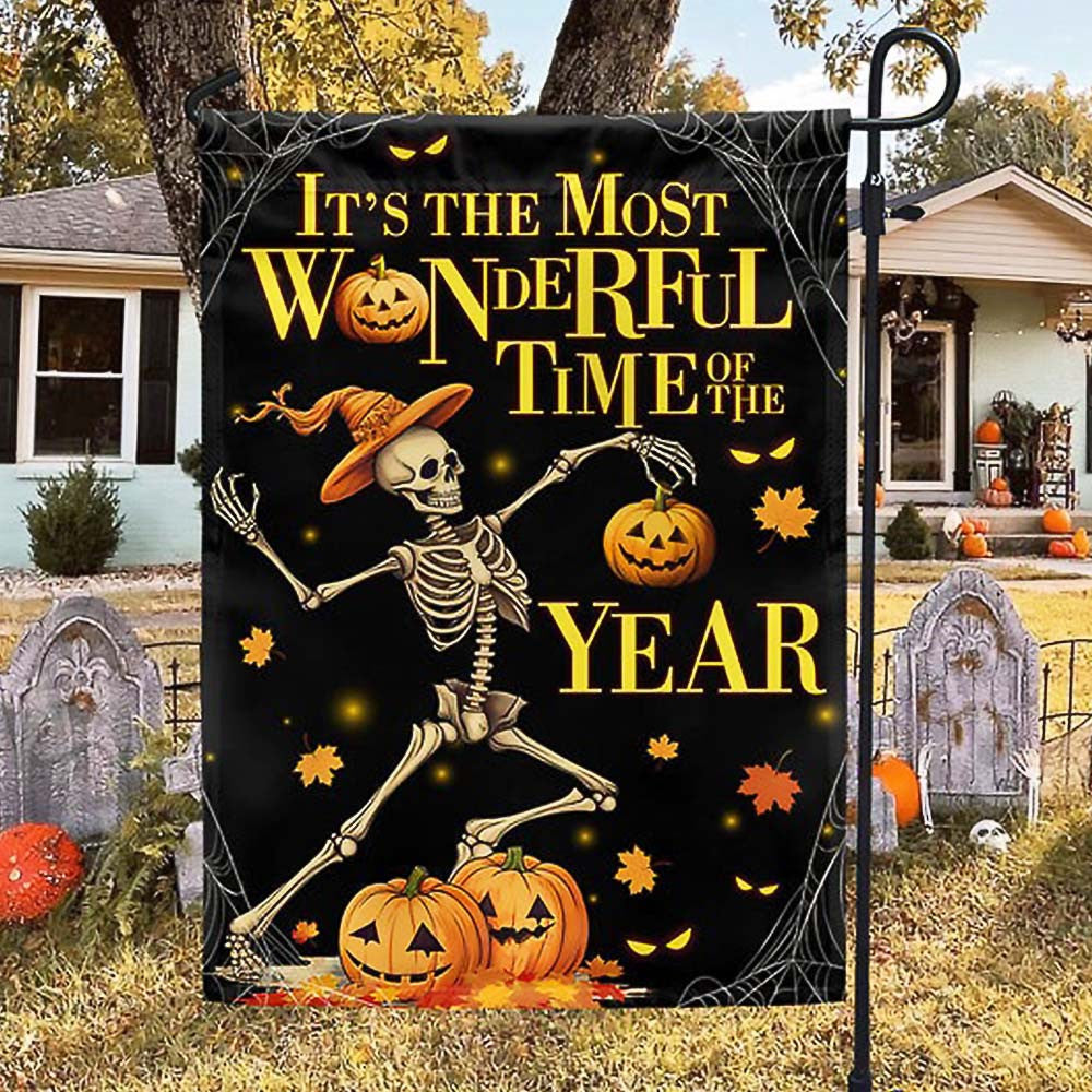 Halloween Skeleton Dancing Pumpkins It's The Most Wonderful Time Of The Year Flag Halloween Gift For Adults - Liberish