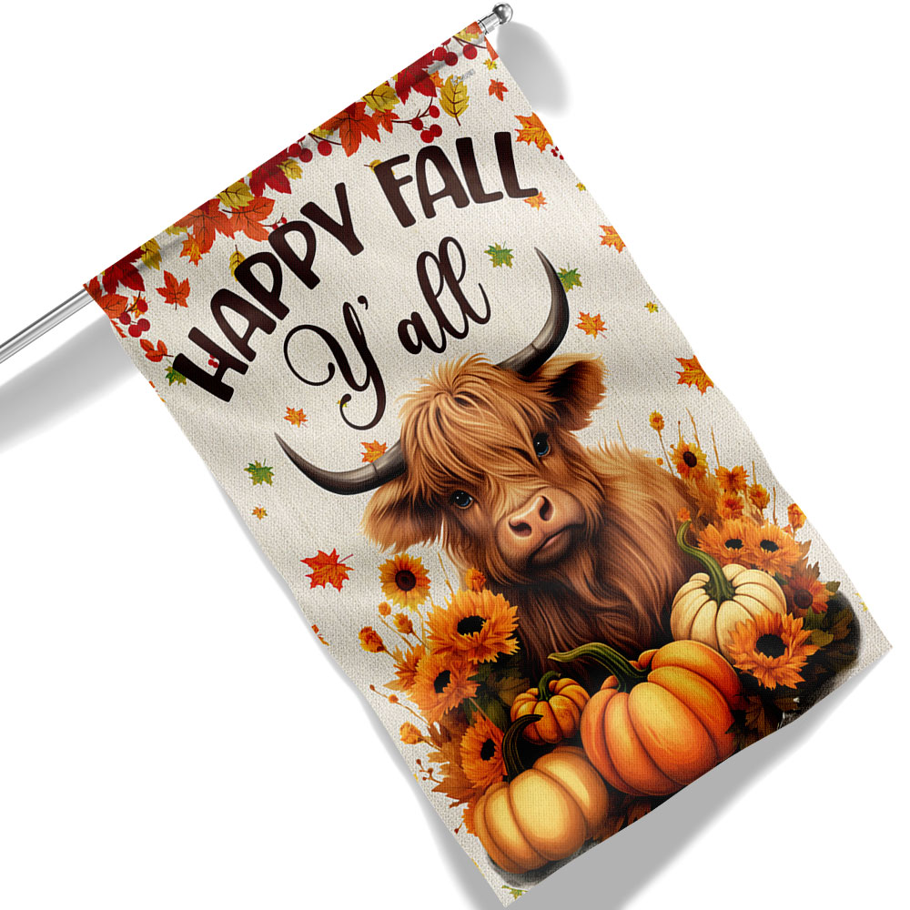 Happy Fall Y All Highland Cow Pumpkins Fall Flag - Liberish