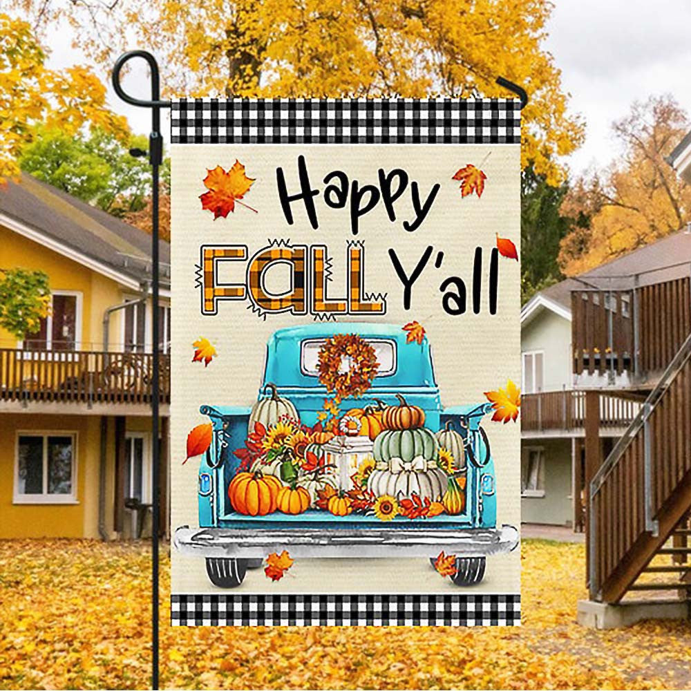 Happy Fall Y'all With Truck Pumpkin Flag Perfect Gift For Friends and Family on Thanksgiving Day - Liberish