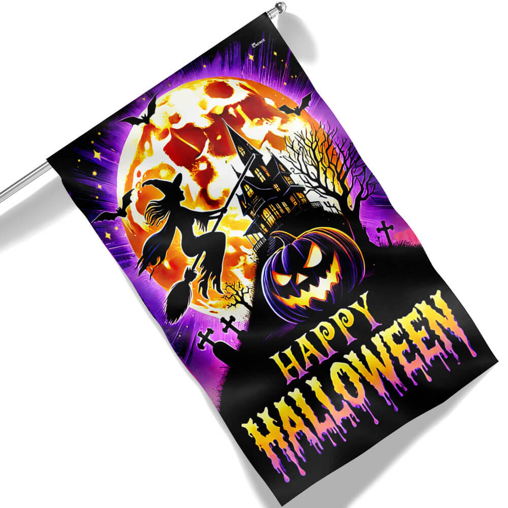 Happy Halloween Spooky Witch Haunted House Flag - Liberish
