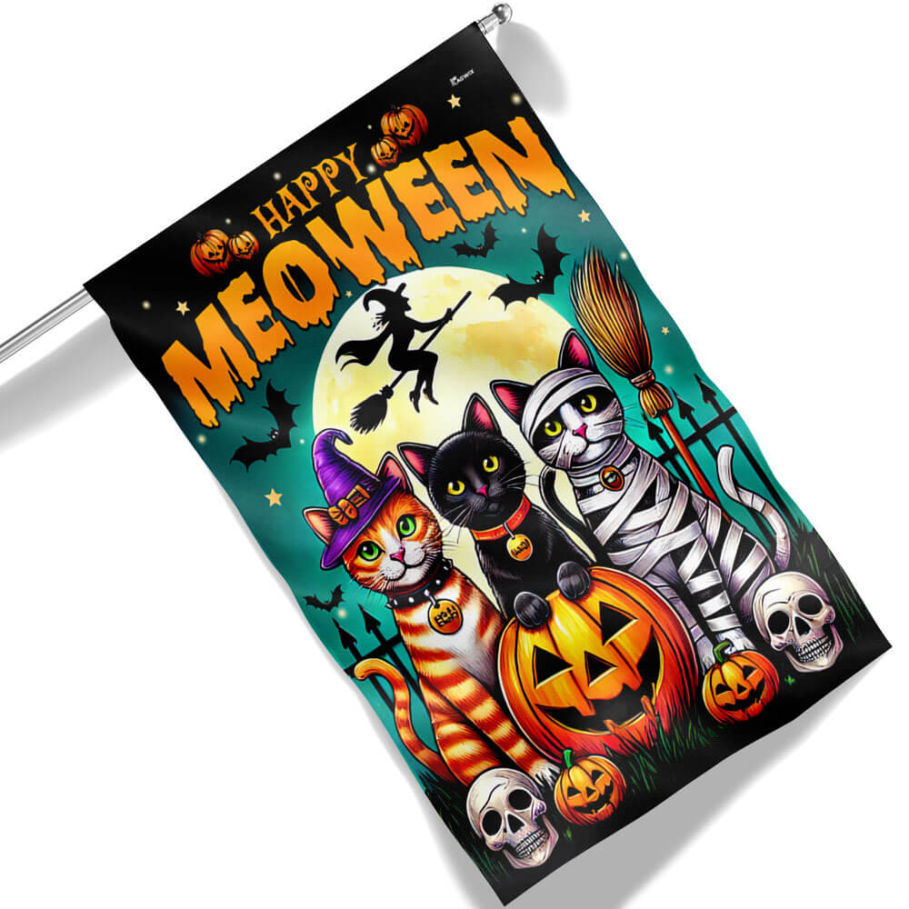 Happy Meoween Costume Cat Spooky Halloween Flag - Liberish