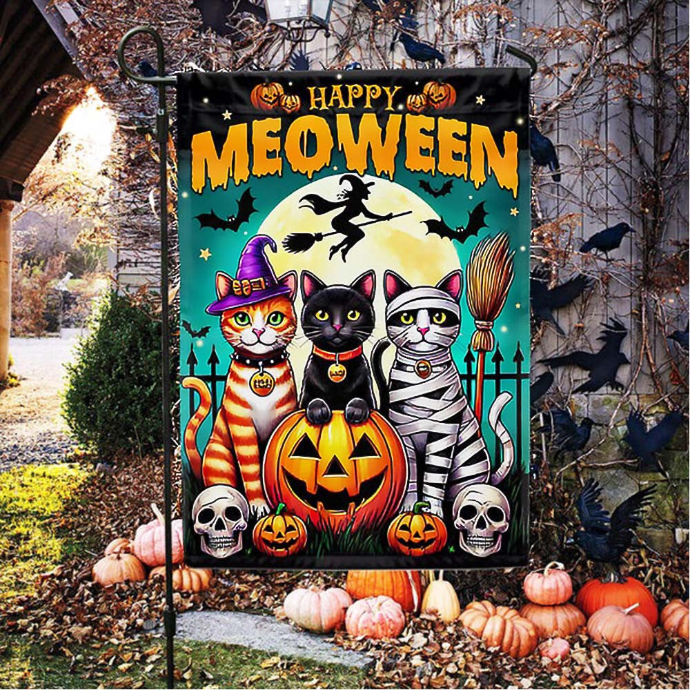 Happy Meoween Costume Cat Spooky Halloween Flag Gift For Childrens and Adults on Halloween Day - Liberish