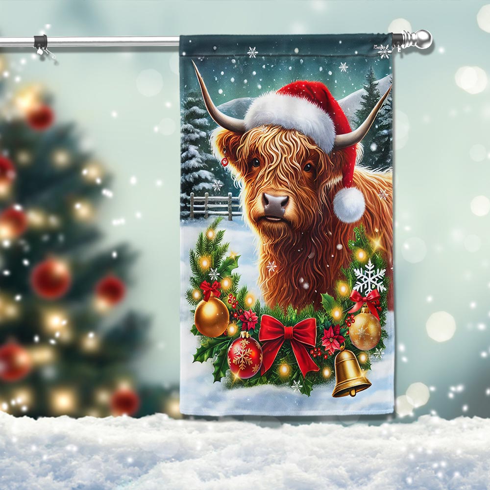 Highland Cow Cattle Farm Christmas Flag - Liberish